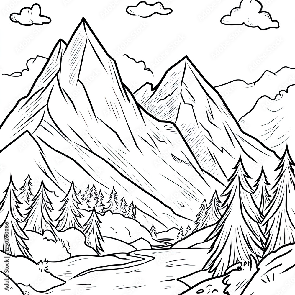 Fototapeta premium Simple Coloring Page Illustration Majestic Mountains for Creative Relaxation