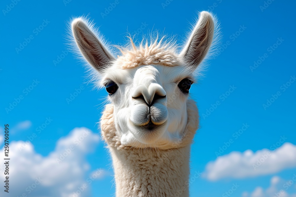 Obraz premium Portrait of a white alpaca under a clear blue sky, Chile tourism advertisement photograph
