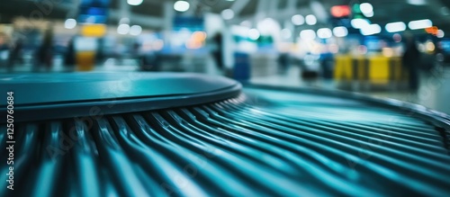 Close-up of baggage carousel in airport terminal.