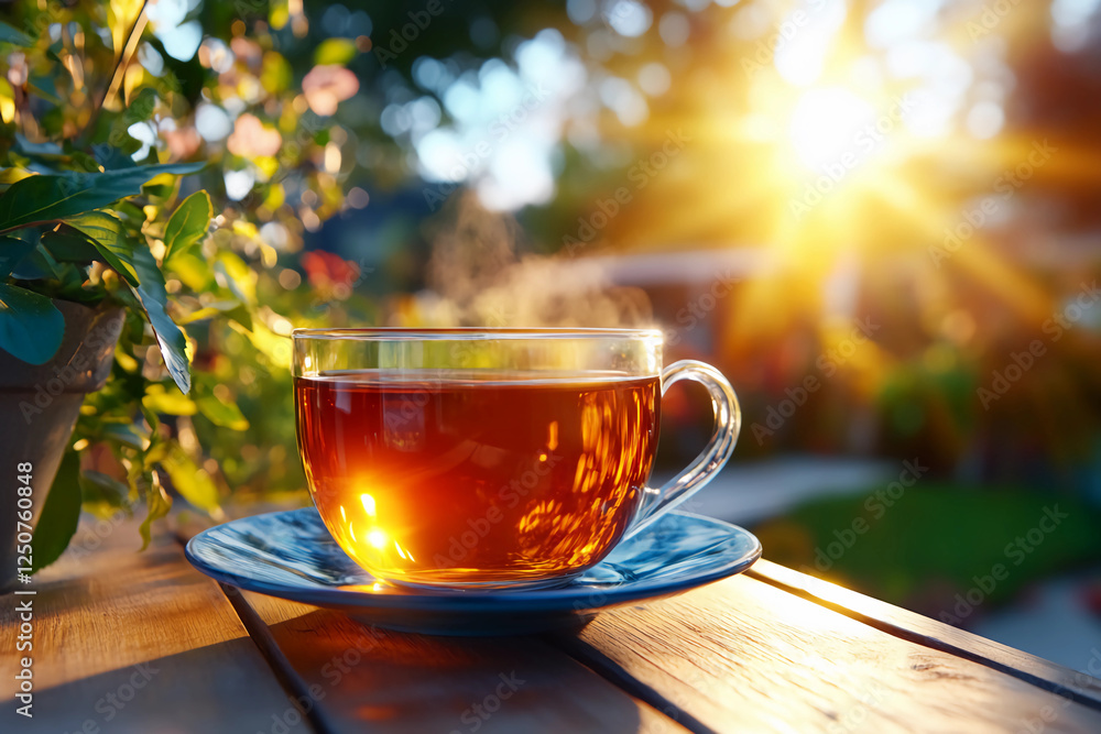 Tranquil Close-Up of Glass Teacup with Tea on Wooden Table and Blurred Garden Background, Creating a Harmonious and Peaceful Atmosphere Tranquil Close-Up of Glass Teacup with Tea on Wooden Table and Blurred Garden Background, Creating a Harmonious and Peaceful Atmosphere