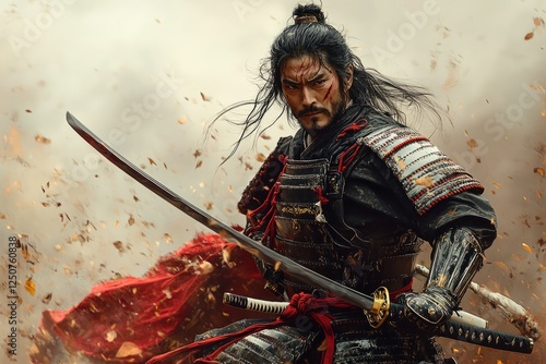 Warrior in traditional armor stands ready with sword amidst flying leaves in autumn