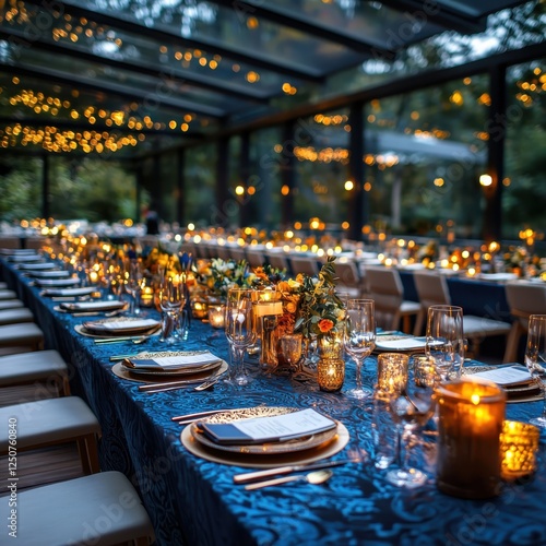 Elegant themed dinner party with vibrant table decor in a magical outdoor setting captured in a cozy evening atmosphere