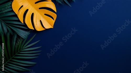 Botanical Elegance: A captivating visual composition of lush, tropical leaves. A vibrant, golden leaf takes center stage against the deep, calming backdrop. 