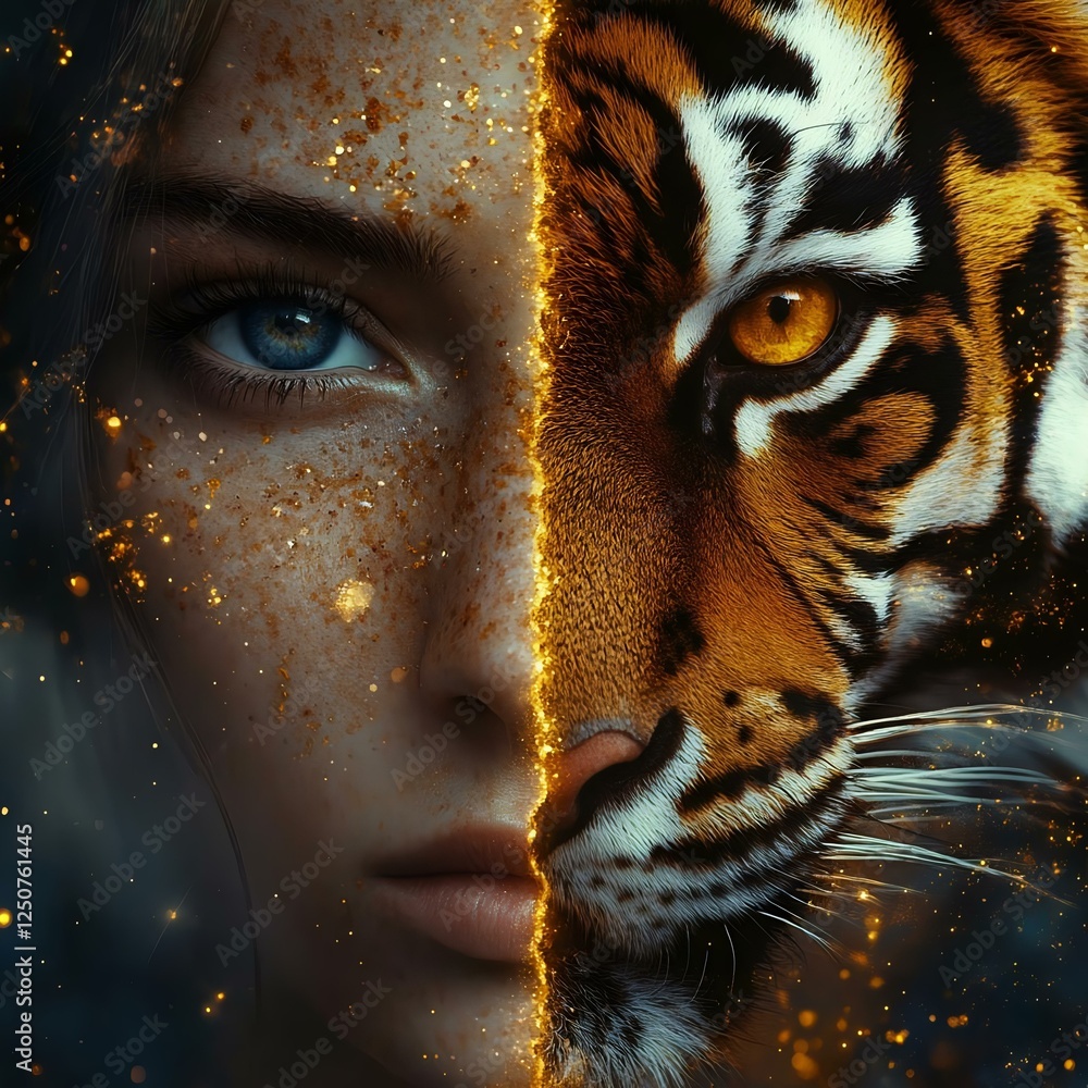 A captivating art piece blending a woman's face with a tiger, showcasing striking blue and orange eyes with sparkles for added intensity. A captivating art piece blending a woman's face with a tiger, showcasing striking blue and orange eyes with sparkles for added intensity.