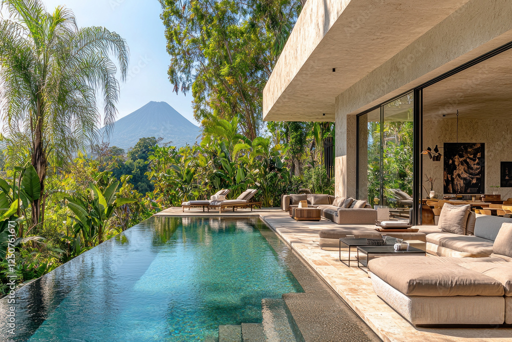 Fototapeta premium Infinity pool overlooking volcano in tropical garden