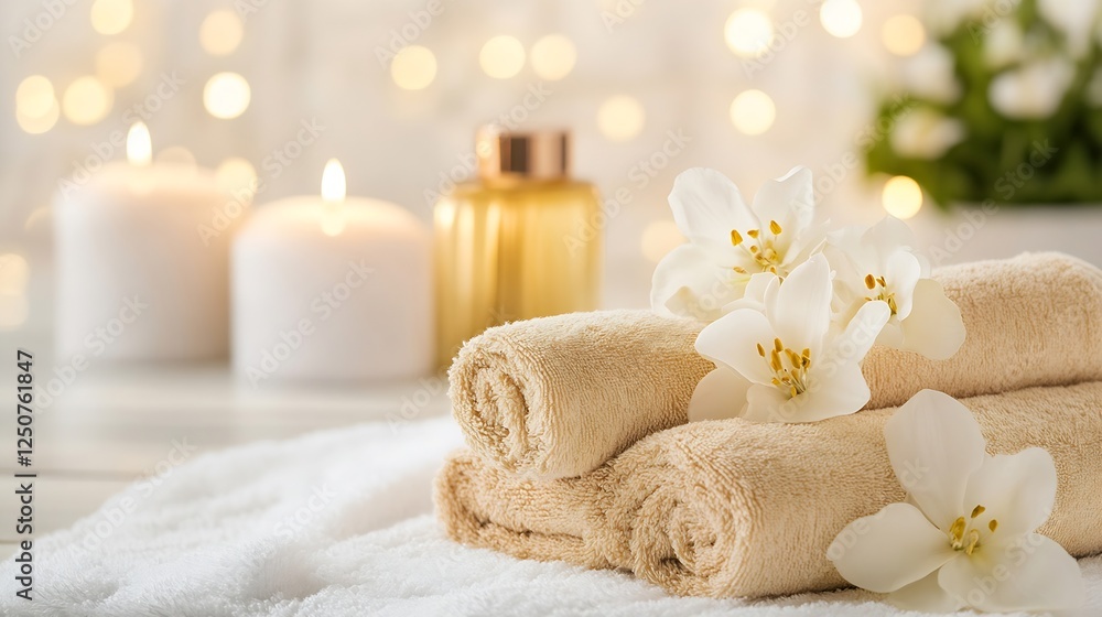 Relaxing Spa Setting with Soft Towels Candles and White Flowers for a Tranquil Atmosphere : Generative AI Relaxing Spa Setting with Soft Towels Candles and White Flowers for a Tranquil Atmosphere : Generative AI