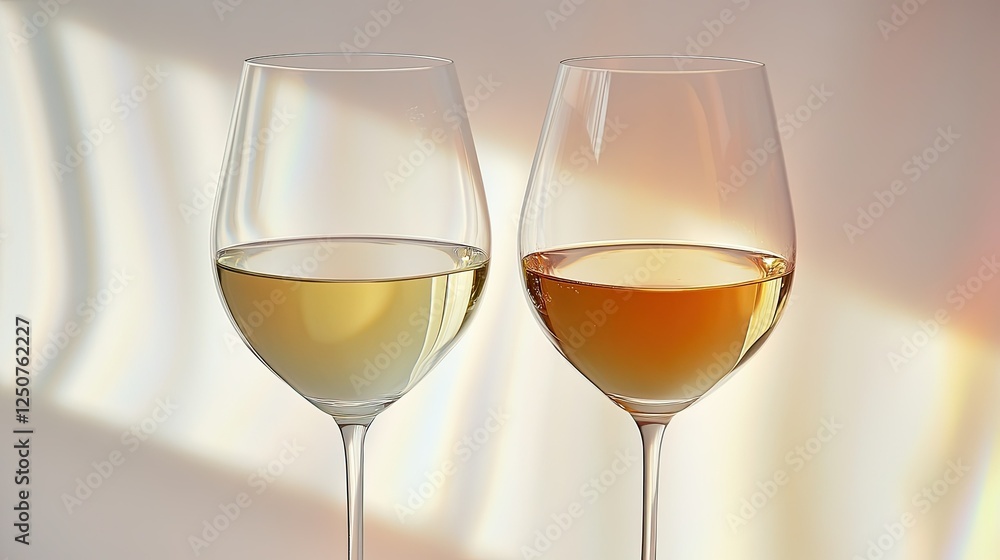 Two exquisite wine glasses filled with a light-colored liquid, catching vibrant reflections, set against a neutral backdrop. Two exquisite wine glasses filled with a light-colored liquid, catching vibrant reflections, set against a neutral backdrop.