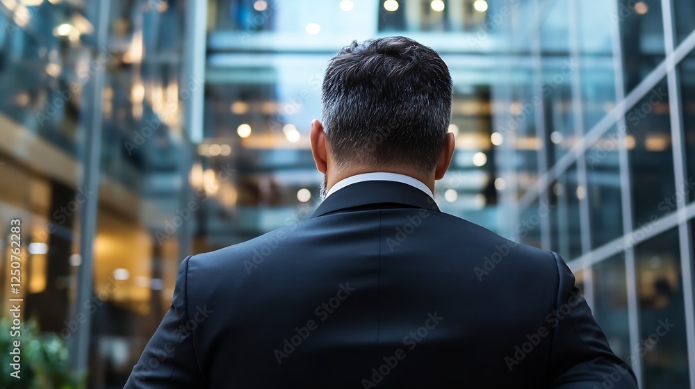 Businessman in Modern Office Analyzing Workspace with Back to the Camera : Generative AI Businessman in Modern Office Analyzing Workspace with Back to the Camera : Generative AI