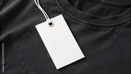 Elegant white swing tag featuring a silver eyelet showcased on a classic black t-shirt, ideal for highlighting a stylish price tag mockup. photo