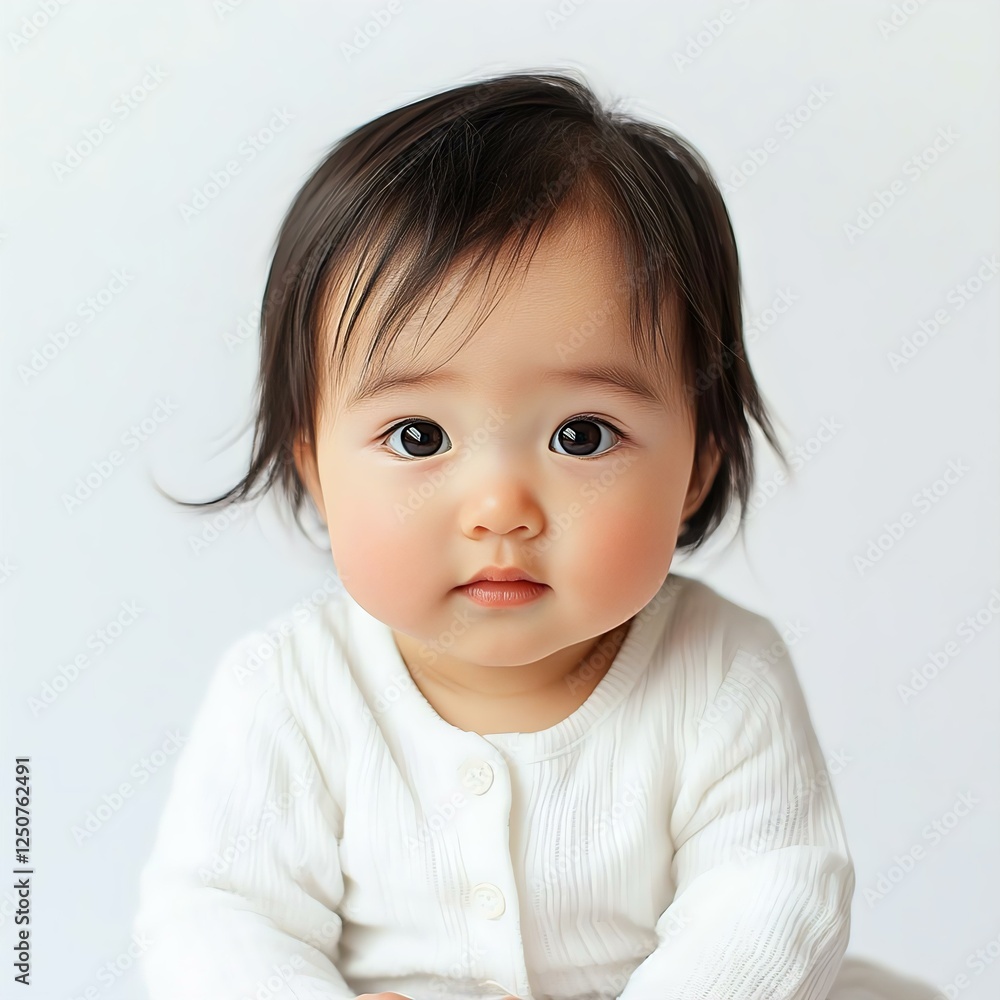 Adorable baby with dark hair and big eyes, dressed in a cozy white outfit, sitting against a light background, conveying innocence and sweetness. Adorable baby with dark hair and big eyes, dressed in a cozy white outfit, sitting against a light background, conveying innocence and sweetness.