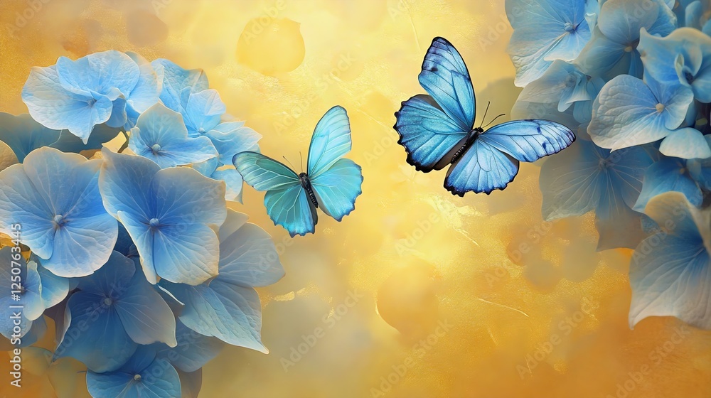 A serene scene featuring delicate blue butterflies fluttering among soft blue hydrangea flowers against a golden background, evoking tranquility. A serene scene featuring delicate blue butterflies fluttering among soft blue hydrangea flowers against a golden background, evoking tranquility.