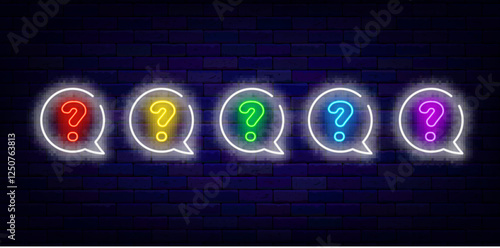 Colorful question marks collection in speech bubble. Trivia night neon banner. Vector stock illustration