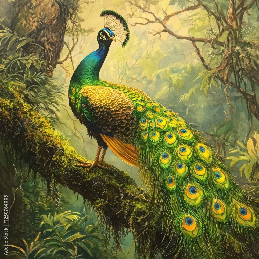 Naklejka premium Vibrant Peacock Displaying Feathers Amidst Lush Green Forest
