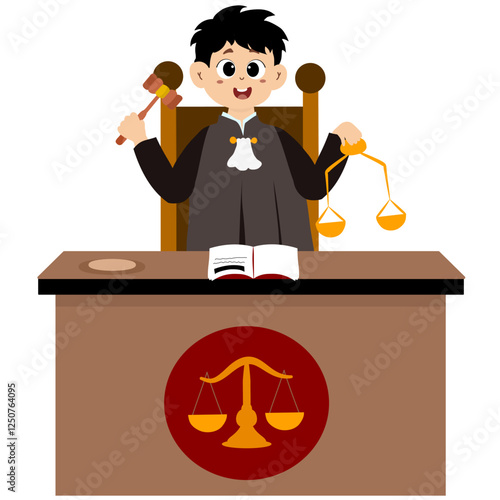 Judge holding gavel and scales, metaphor for responsibility. Graphic element for website, poster or banner. Law symbol. Public officials who provide justice in court are judges or prosecutors