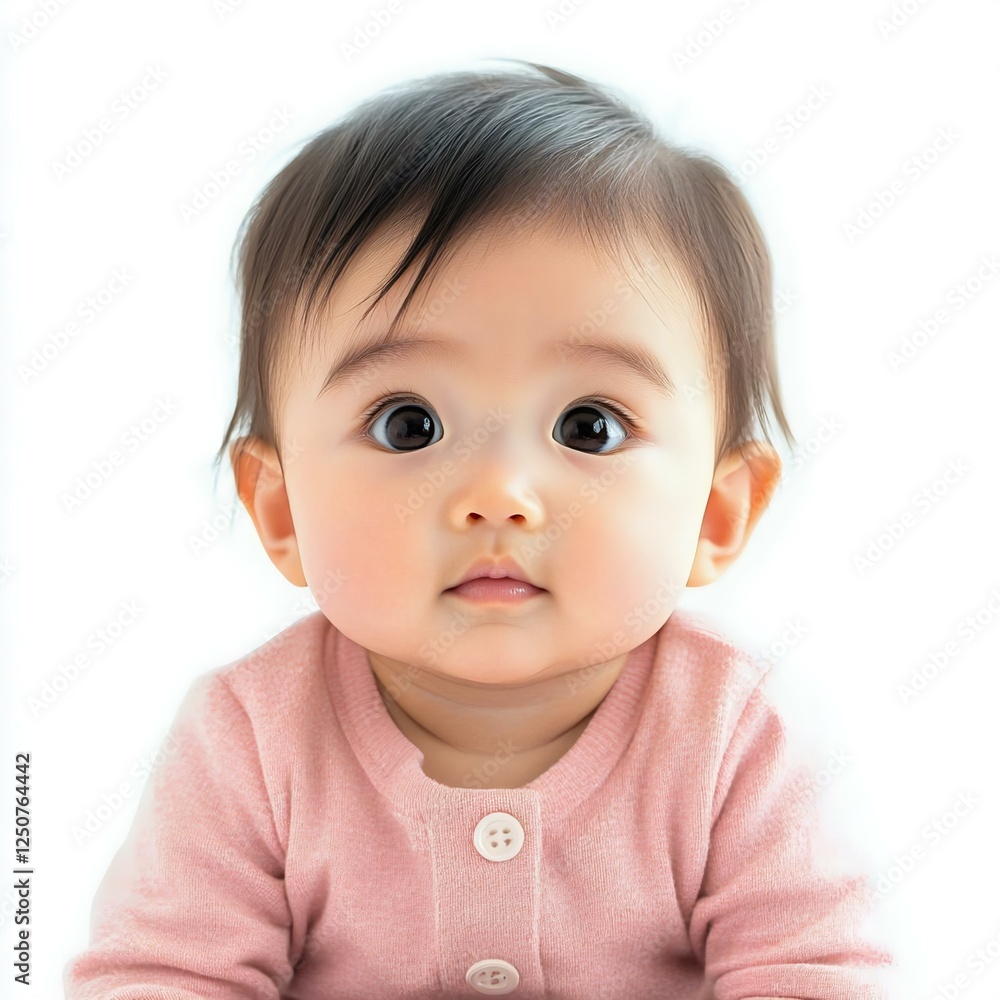 Adorable baby with big eyes looking curiously at the camera, wearing a soft pink sweater. Perfect for baby-related content and family themes. Adorable baby with big eyes looking curiously at the camera, wearing a soft pink sweater. Perfect for baby-related content and family themes.