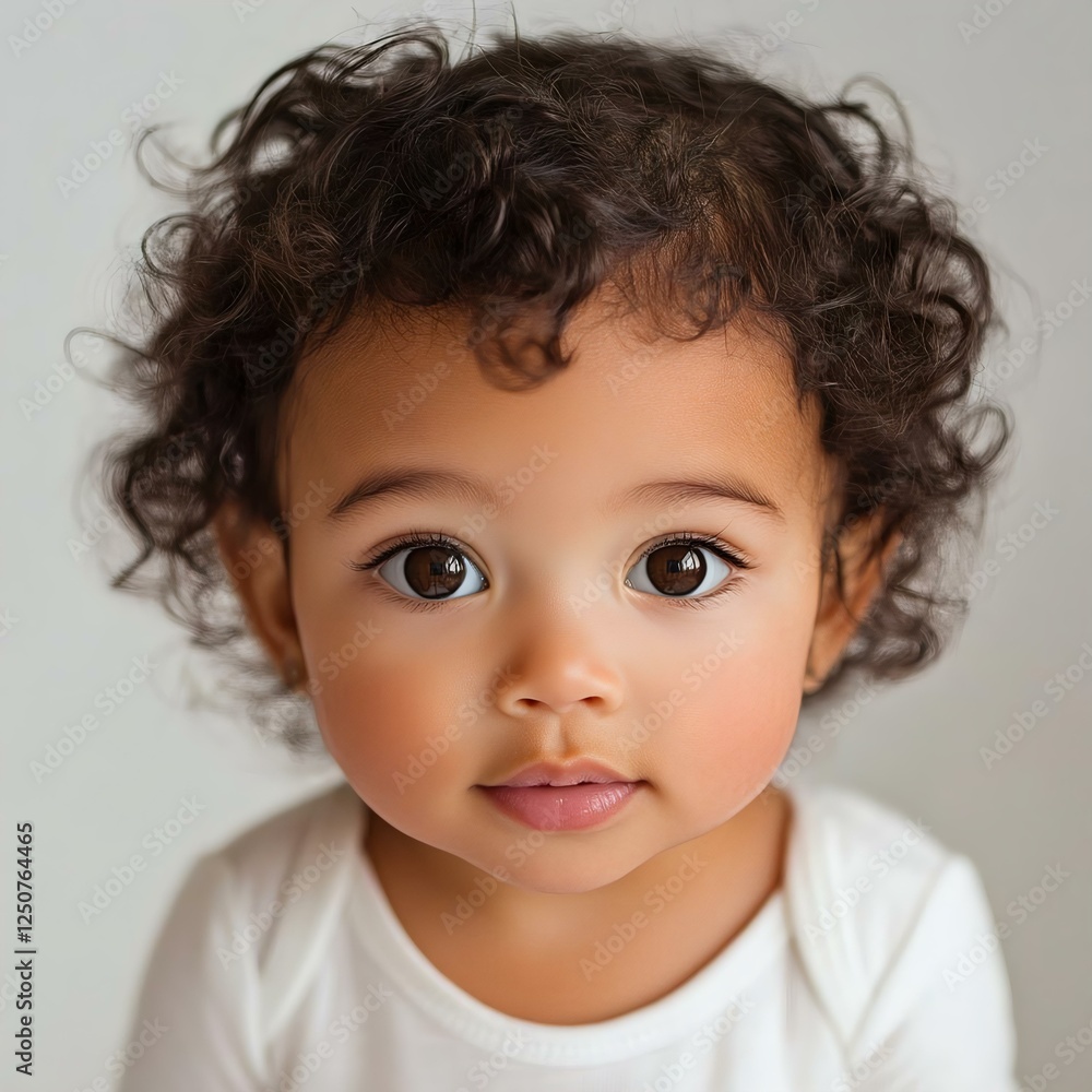 Naklejka premium Adorable baby with curly hair and large expressive eyes, showcasing innocence and charm. Perfect for family, children, or baby care concepts.