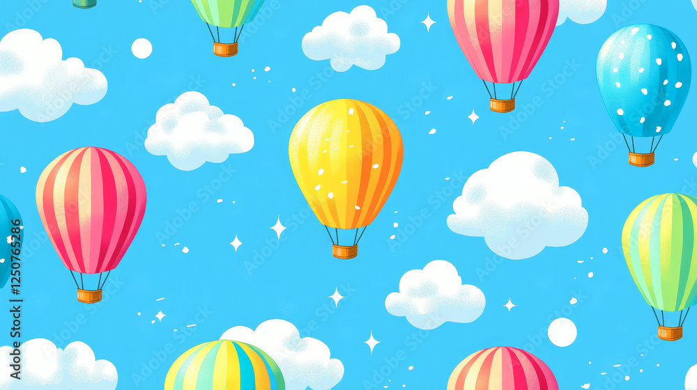 Colored hot air balloons seamless pattern on light blue sky background with white clouds for travel design Colored hot air balloons seamless pattern on light blue sky background with white clouds for travel design