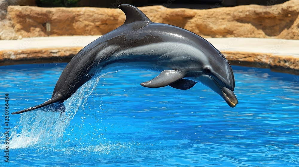 Obraz premium Dolphin Leaping Out of Water Creating Splash in Sunny Environment