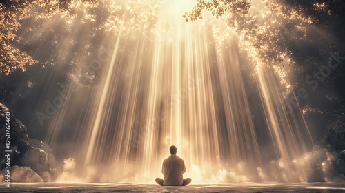 A serene scene depicting a person meditating under radiant light beams in a tranquil natural setting, evoking peace and reflection.