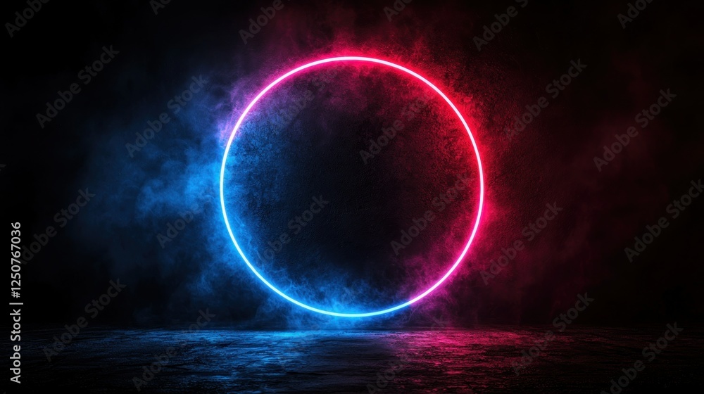 Neon circle glowing in smoky dark room, empty floor Neon circle glowing in smoky dark room, empty floor