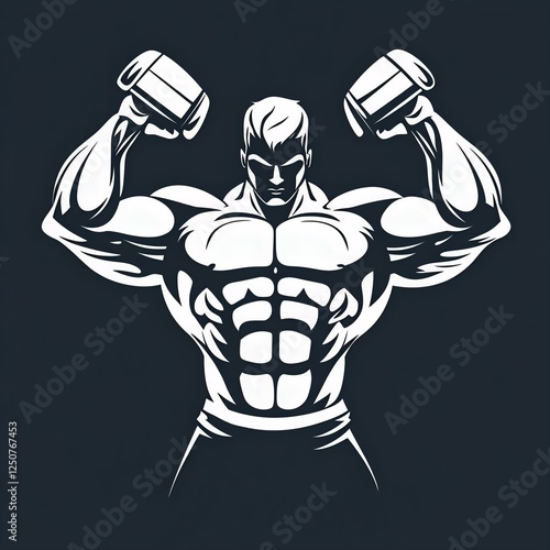 Stylized muscular man lifting dumbbells, emphasizing strength and fitness. Ideal for gym, health, and bodybuilding themes. photo