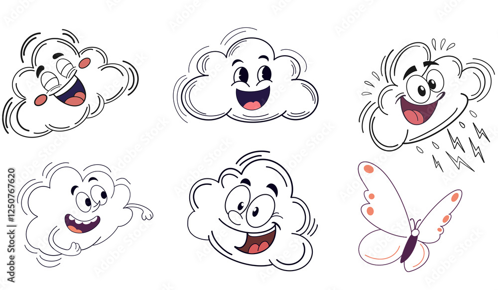 Set of linear clouds and butterfly PNG in modern style for children's books, design, stickers, web design Set of linear clouds and butterfly PNG in modern style for children's books, design, stickers, web design