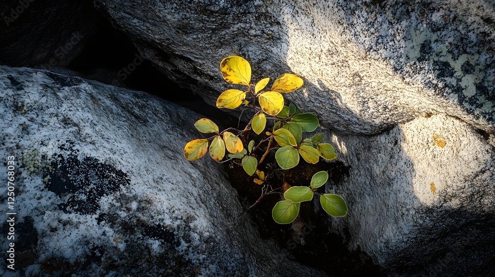Tiny sprout thriving in a rocky crevice, a symbol of hope and resilience in challenging environments Tiny sprout thriving in a rocky crevice, a symbol of hope and resilience in challenging environments