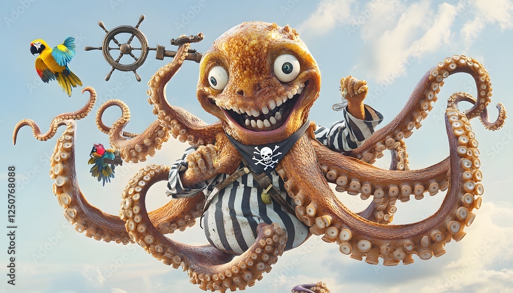 Obraz premium A grinning pirate octopus sails the clouds with parrots