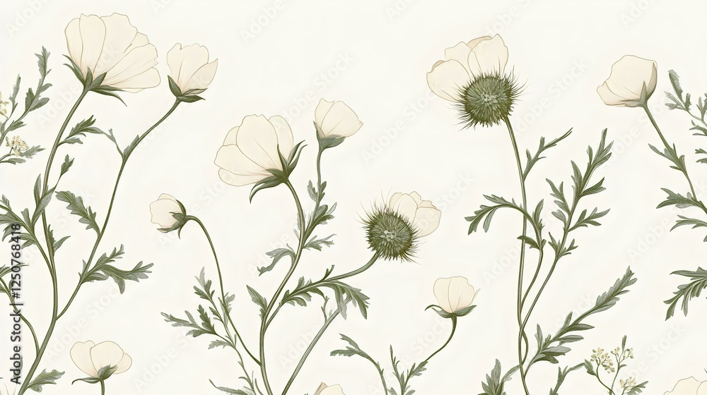 Delicate illustrations of white flowers and greenery on a soft background, ideal for floral designs, wallpapers, or nature-inspired projects. Delicate illustrations of white flowers and greenery on a soft background, ideal for floral designs, wallpapers, or nature-inspired projects.