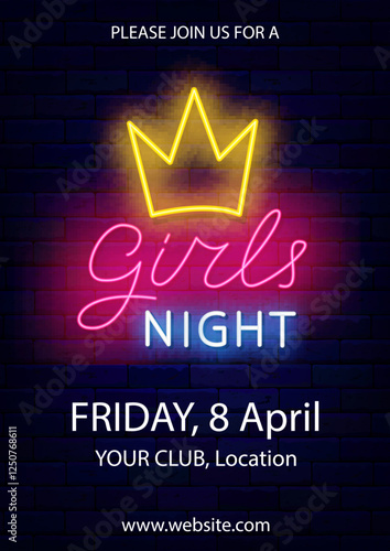 Ladies only neon label with crown. Girls night vertical template flyer. Free enter for female. Vector stock illustration
