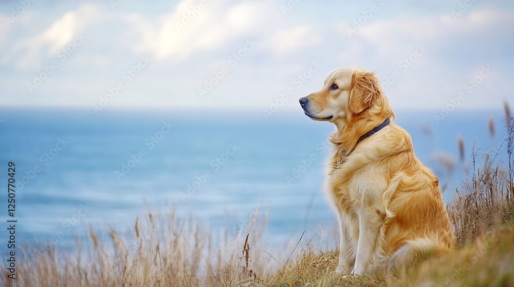 Golden Retriever Dog Sitting on the Grass Overlooking the Calm Ocean and Relaxing Atmosphere : Generative AI Golden Retriever Dog Sitting on the Grass Overlooking the Calm Ocean and Relaxing Atmosphere : Generative AI