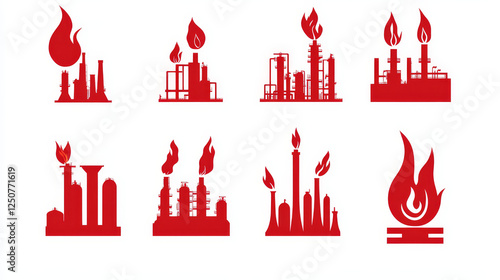 Petroleum refinery and chemical industrial plant icons set with silhouettes of flare stacks, pipes and flames above them, for oil and gas industry theme photo