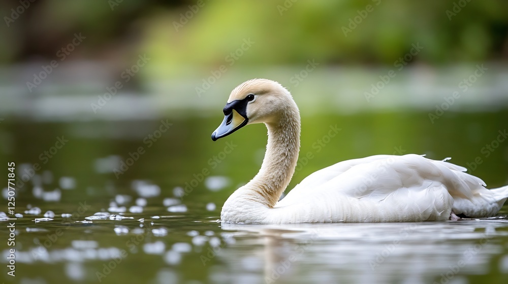 Graceful swan swimming peacefully in a serene green pond reflecting nature's beauty : Generative AI Graceful swan swimming peacefully in a serene green pond reflecting nature's beauty : Generative AI