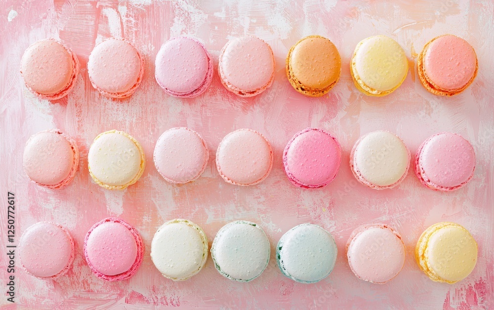 Fototapeta premium Delicate French macarons in pastel colors placed neatly on a soft pastel pink background