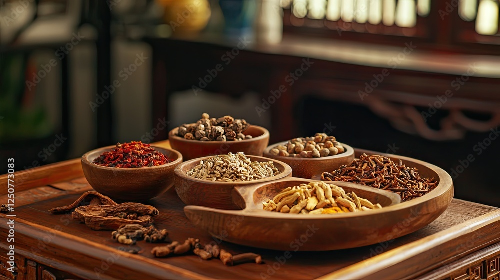 Fototapeta premium Culinary Delights with Assorted Spices in Wooden Bowls on Table