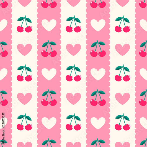 Cute cherry and heart seamless striped pattern design for Valentine's day background.
