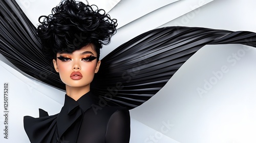 Avant Garde Fashion Photography Featuring a Model with Exaggerated Curly Hair Styled in Sculptural Shapes Bold Makeup and Futuristic Conceptual Background