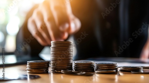 Close up of coins being counted with stacks indicating financial planning and economic growth in a business setting : Generative AI photo