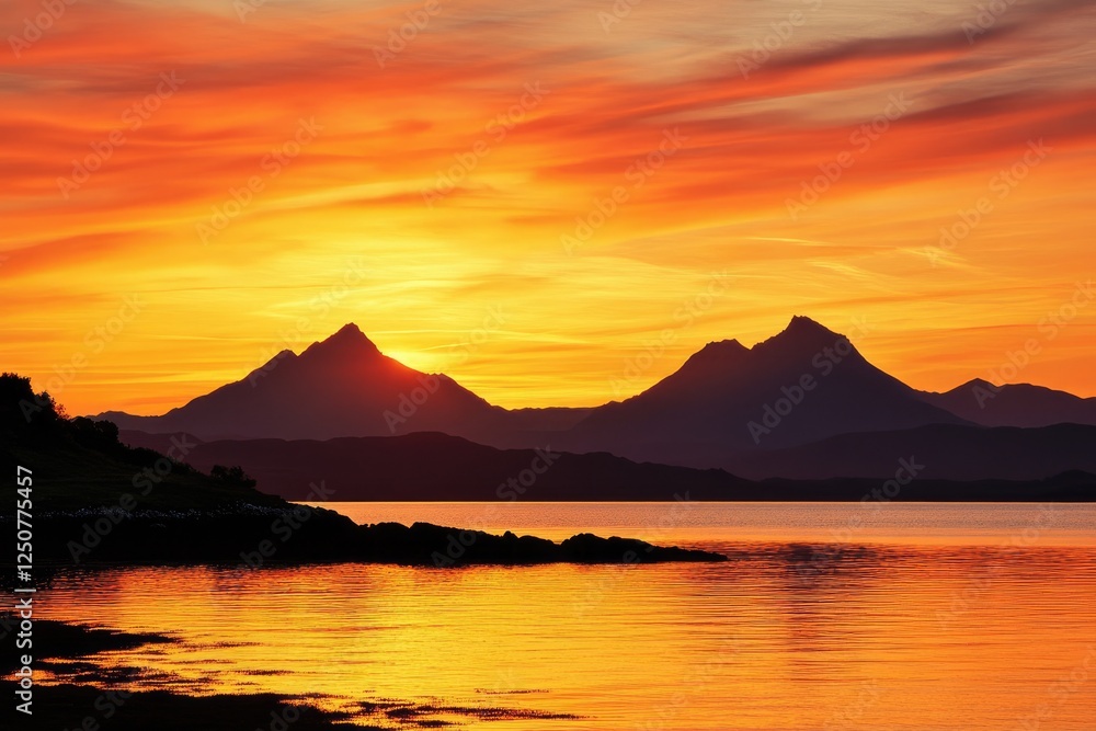 Vivid Evening Glow: Late Sunset Paints Summer Skies Over Mull's Silhouetted Peaks Vivid Evening Glow: Late Sunset Paints Summer Skies Over Mull's Silhouetted Peaks