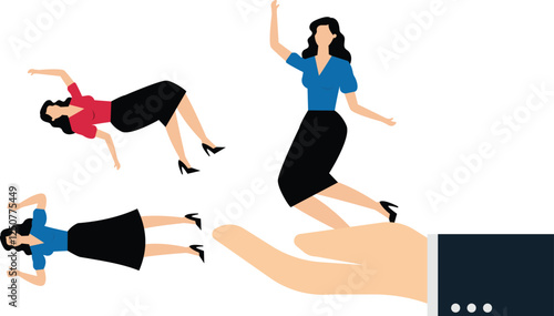 Defeat a rival or competitor, best employee, win a competition or victory, businesswoman pawn defeats a coworker to gain victory