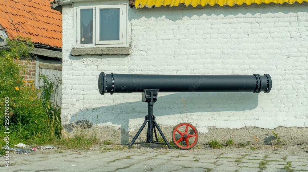 A large black cylindrical object mounted on a stand near a white wall. A large black cylindrical object mounted on a stand near a white wall.