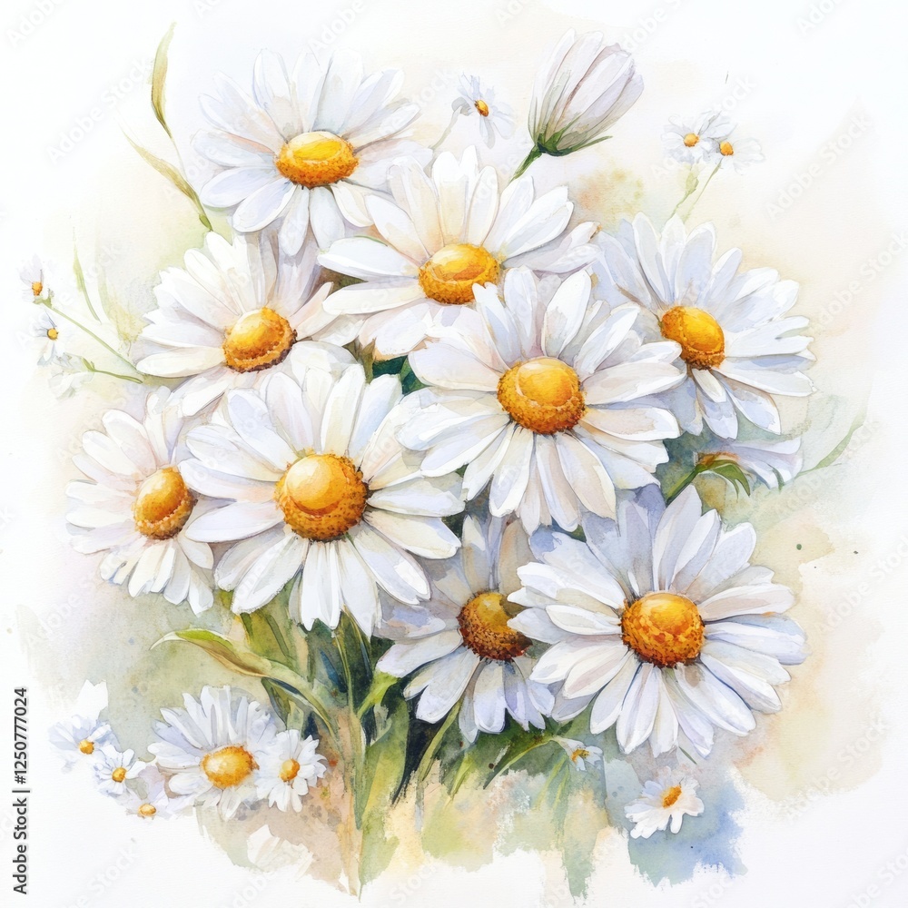 Fototapeta premium Vibrant Watercolor Daisies Bouquet on Clean White Canvas