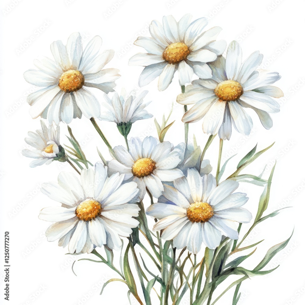 Fototapeta premium Delicate Bouquet of White Watercolor Daisies Against a Soft White Backdrop