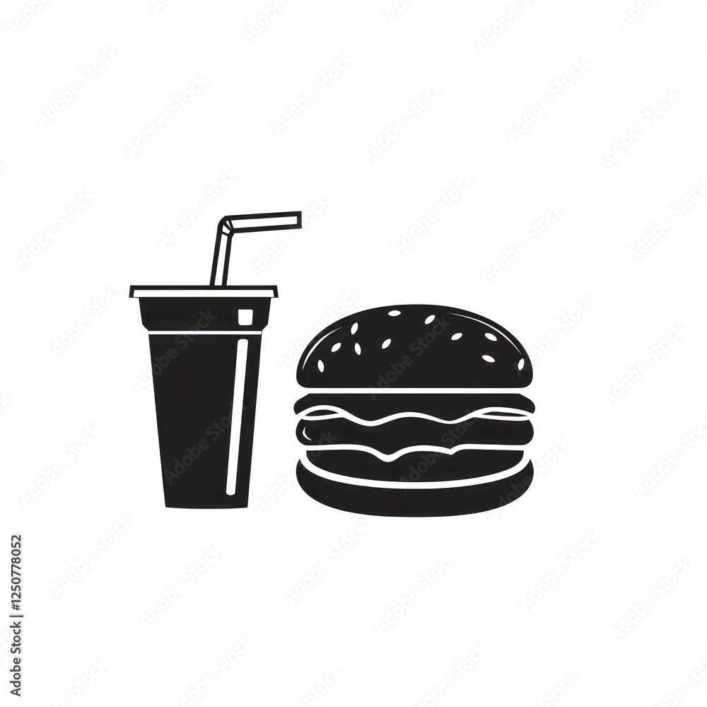 Simple black and white burger and soda illustration Simple black and white burger and soda illustration