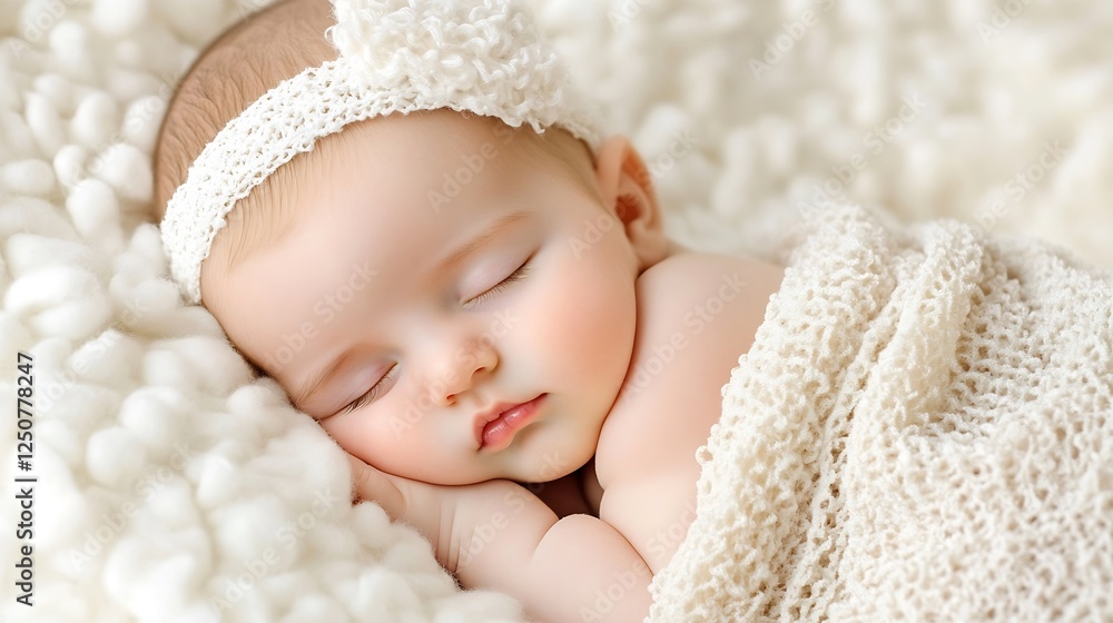 Adorable sleeping baby peacefully resting on a soft blanket with a delicate headband : Generative AI Adorable sleeping baby peacefully resting on a soft blanket with a delicate headband : Generative AI
