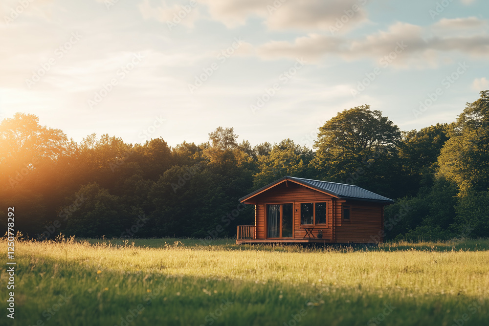 Cozy Wooden Cabin in a Lush Green Landscape Cozy Wooden Cabin in a Lush Green Landscape