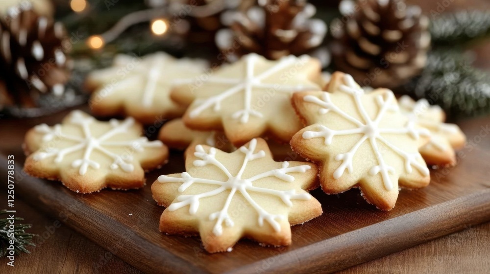 Festive Snowflake Cookies with Icing on Wooden Plate Decoration Festive Snowflake Cookies with Icing on Wooden Plate Decoration