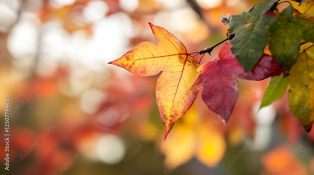 Obraz premium Close up of colorful autumn leaves showcasing vibrant yellow and red hues in soft natural light : Generative AI