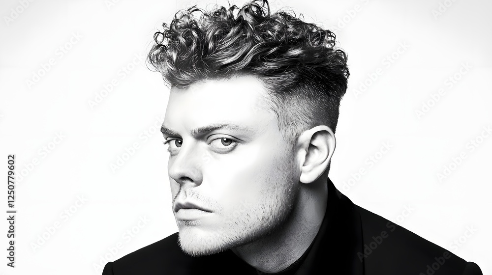 Fototapeta premium Dramatic and High Fashion Editorial Portrait of a Male Model with Defined Curly Hair Sharp Jawline and Intense Gaze Ideal for Magazine Covers and Luxury Branding