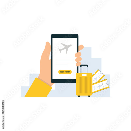 Hand Holding Phone with Luggage and Ticket Vector Illustration. Online Ticket Booking Concept Design
